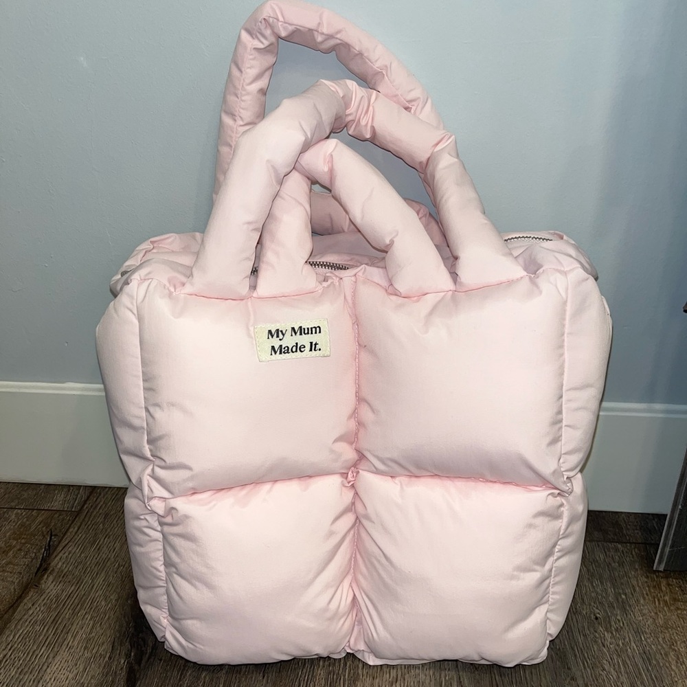 My Mum Made It puffer tote bag pink